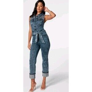 bebe Dark Wash Denim Sleeveless Jumpsuit